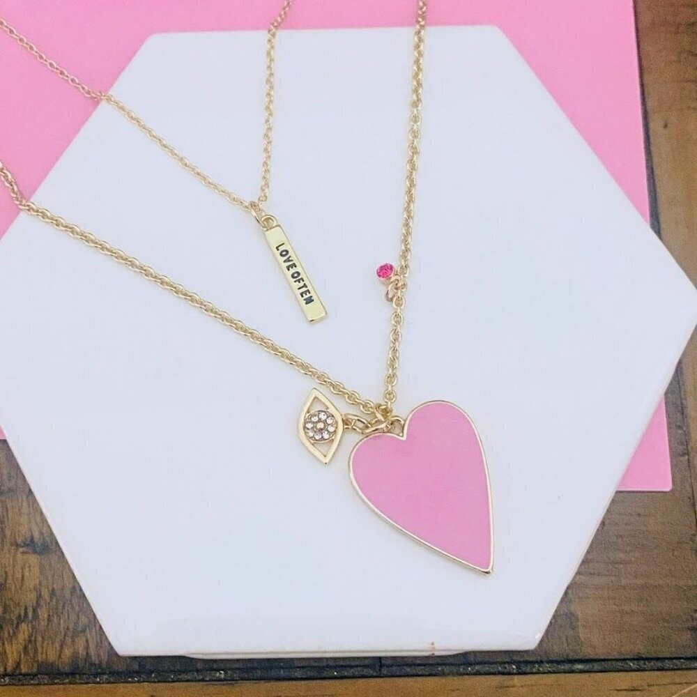 BCBG "Love Often" Pink Enamel Heart Layered Goldtone Necklace Evil Eye & Pink